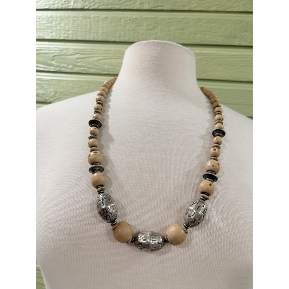 Jewelry - Boho Artisan Tan Carved Bead Necklace Silver Tone Ornate Metal Accents 28 Inch